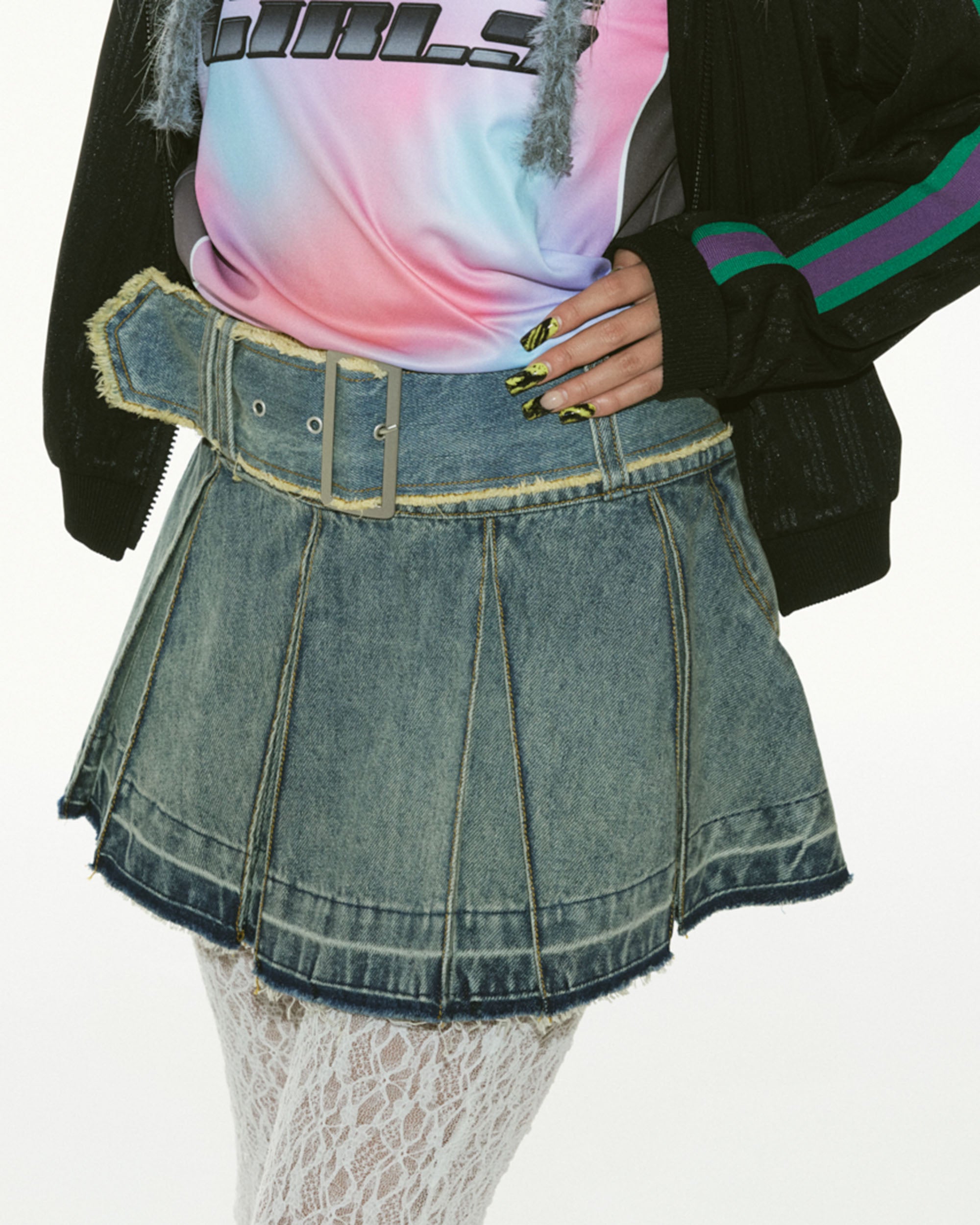 Black denim belt skirt INDIGO